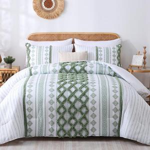 Herside Tufted Boho Comforter Set Bed in A Bag,Shabby Chic Aztec Western Green Bedding Tufted Decor Queen Size Bedding Comforter and Sheet Set,Farmhouse Luxury 7 Pieces Quilt Set for All Season