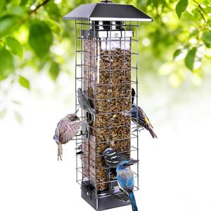 Squirrel Proof Bird Feeders for Outdoors, Metal Wild Bird Feeder for Outside Hanging, 4 Ports Perches, 3LB Large Capacity(Gray)