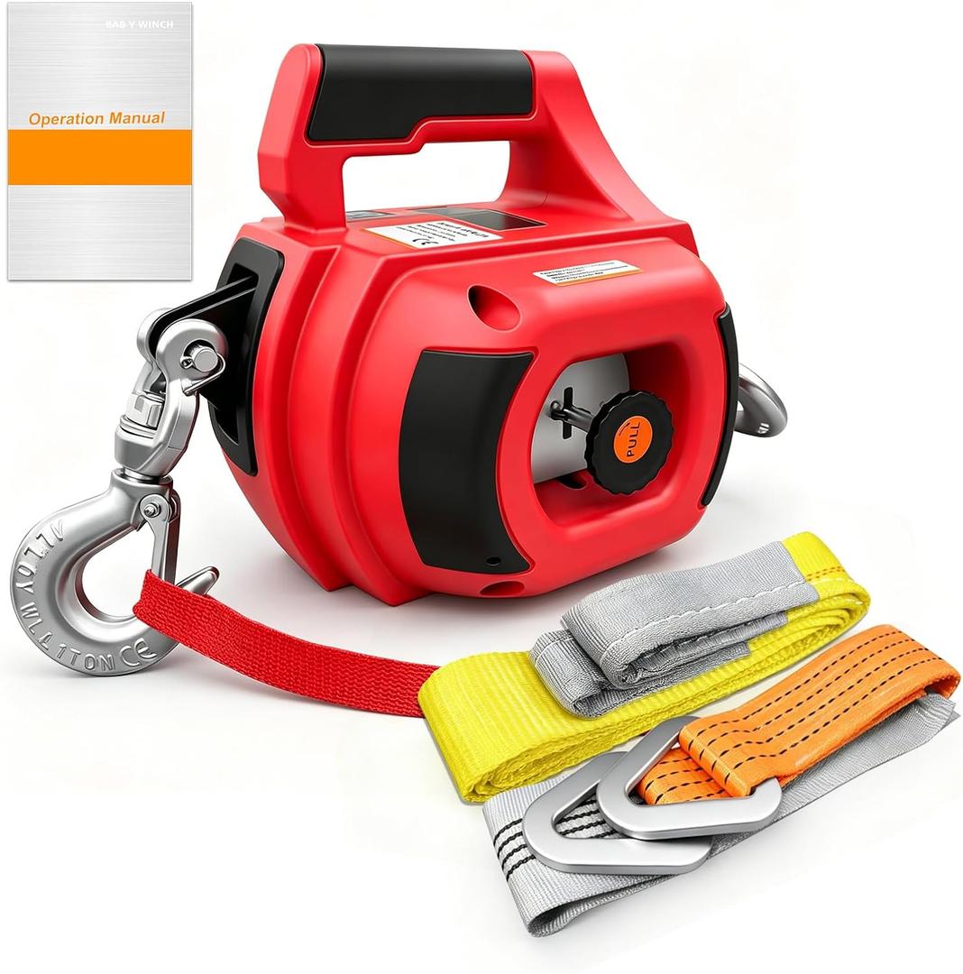 1000LBS Portable Handheld Drill Winch w/D-Ring Strap & Tow Straps, 1000LBS+2Straps
