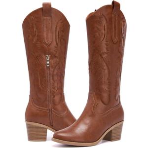 Women's Cowboy Boots Knee High with Side Zipper Wide Calf Cowgirl Boots Comfortable Western Classic Embroidered Pointy Toe Fashion Retro Classic Pull On Tall Boot Fall Winter (10, Brown)