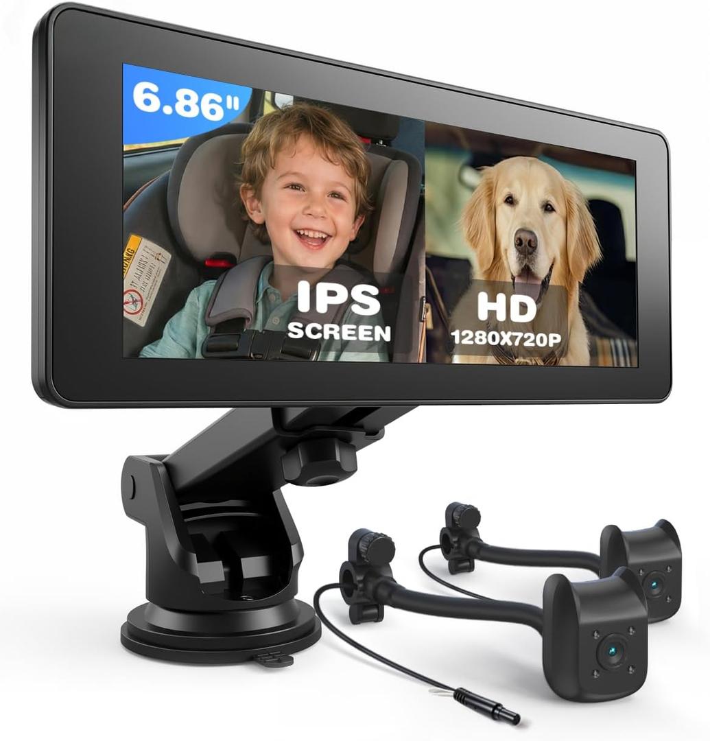 Baby Car Camera for 2 Kids | 6.86" 1080P IPS Dual-Camera Split Screen Monitor - 360 Rotation IR Night Vision - USB Powered Headrest Mount Baby Car Cam