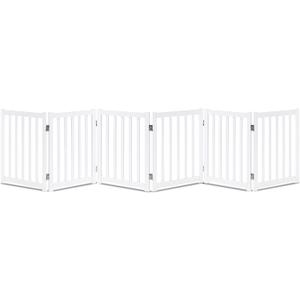 LZRS 6-Panel Extra-Wide Freestanding Wooden Dog Gate Indoor 24High Foldable Safety Pet Barrier for Doorways, Hallways, Kitchens, and Long Staircases, Durable Design fit Small to Medium Dogs, White