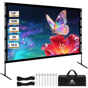 120 Inch Projector ScreenPortable Indoor Outdoor Projector Screen with Stand, 16:9 4K HD Anti-Crease Movie Screen for Home Theater Backyard Camping Travel