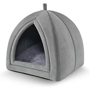 Amazon Basics Cat Cave Bed, 2-in-1 Foldable House for Indoor Cats, with Washable Cushion and Non-Slip Base, 17.5 x 17.5 Inches, Large, LightGray