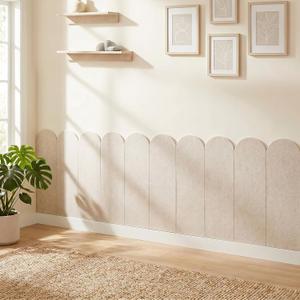 Hahafelt 10 Pcs Scalloped Felt Wall Padding Panels | Large 24 x 8 in Wainscoting Panelss Decorative Wall Panels Self-adhesive for DIY Home Bedroom Living Room Decor Protectors