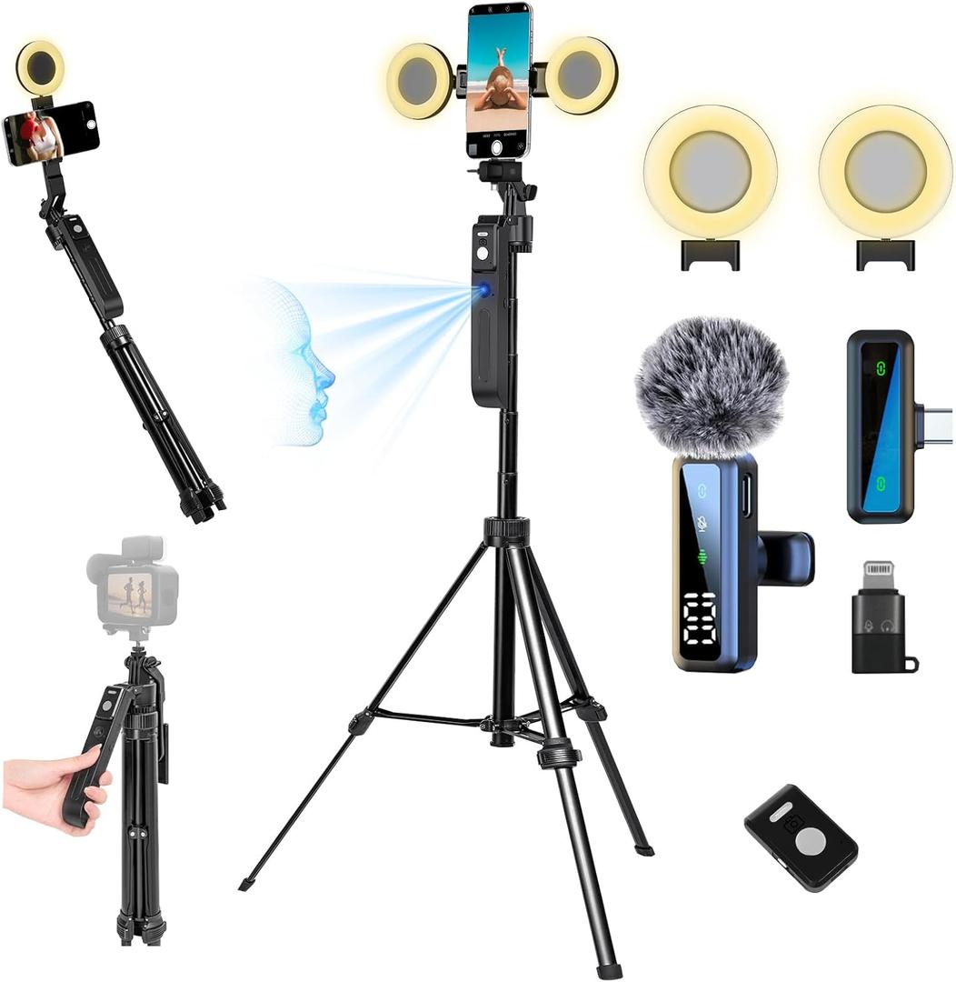 70.9 Auto Face Tracking Tripod for iPhone Anriod Phone,Vlogging Kit for iPhone,Content Creator Essentials,with Light / 360 Rotatable Tripod/Wireless Microphone/Remote