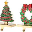 Set of 2 Tree Christmas Stocking Holders for Mantle-Retro Christmas Stocking Hangers for Mantel Xmas Stocking Hooks for Fireplace,Metal Christmas Stocking Hanger for Mantel Decoration (Tree-Wreath)