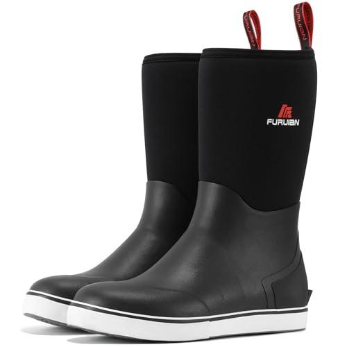 Furuian Men's Deck Boots Mid Calf Fishing Boots Rubber Boots for Men Waterproof Work Boots Longshore Durable Anti Slip Rain Boots, for Fishing, Mud, Gardening, Farming, Black 11