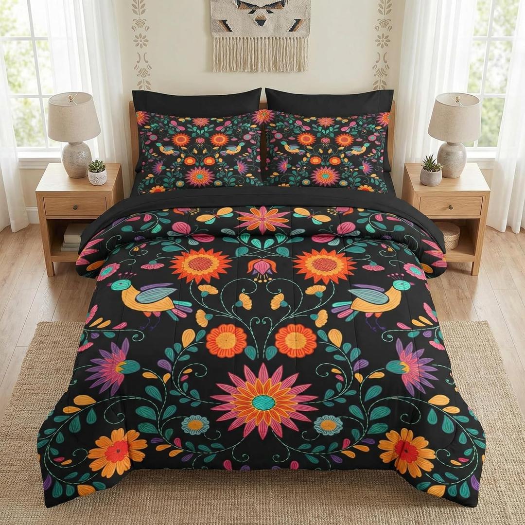 Nesker 7 Pcs Comforter Set Full Size, Colorful Mexican Flower Bedding Set for Kids and Adults, Retro Floral Leaves Bed Sheet Sets with Fitted Sheet 2 Pillowcases & 2 Shams