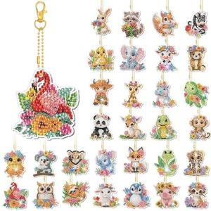 WILLBOND 30 Pcs Spring Animal Diamond Art Keychain Kits for Adults Double Sided Watercolor Animal Small Diamond Art Kits 5D Rhinestone Painting Hanging Ornaments for DIY Crafts Gifts Decor