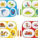 Set of 4 Divided Melamine Dinner Plates for Boys, Shatterproof Kids Dinnerware with Fun Themes (Firefighter, Dinosaur, Construction, Sea Animal), Perfect for Picky Eaters, Toddler Essentials