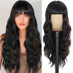 Black Mixed Brown Wigs with Bangs Long Curly Wig for Women Long Wavy Wig Synthetic Hair for festival holiday Use 26IN