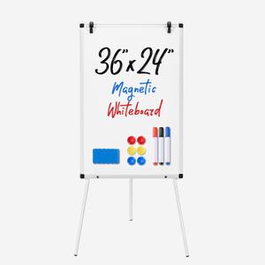 DUMOS Magnetic White Board Easel 36"x24", Silver Aluminium Frame & White | 36"x24" magnetic dry erase. Height 28"-48" for adults & kids. Foldable for classroom. Includes tray & 2 magnets.