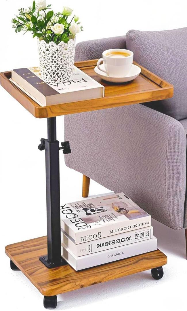C Table End Table Adjustable Height,C Shaped End for CouchSnack Tables,360Swivel TV Tray Sofa Table,Tables that Slide Under,Coffee SideTable for Bed,Chair,Bath-tub (Original Wood Color)
