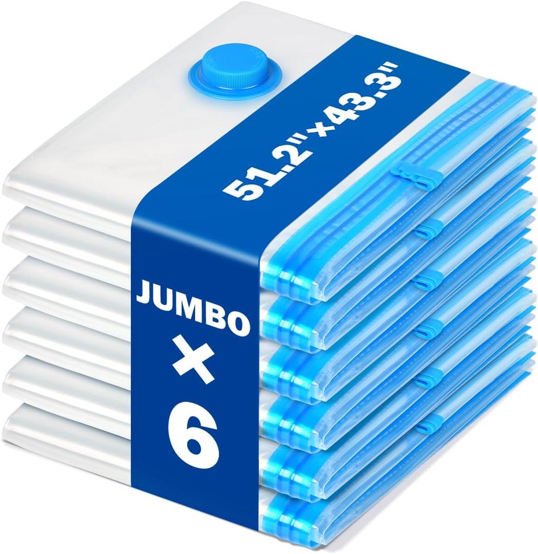 6 Pack Jumbo Extra Large 51.2 x 43.3 Vacuum Storage Bags for King Size Comforter Bedding Pillow, 5XL Vacuum Seal Bags Space Saver Reusable Heavy Duty for Coat Quilt Blanket Clothing