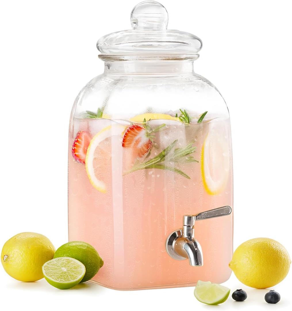 Kook Glass Drink Dispenser, with Leak-Proof Stainless Steel Spigot and Customizable Label Tag, Clear Mason Jar, Beverage Storage for Fridge, for Water, Iced Tea, Sangria, Lemonade, 1.25 Gallon
