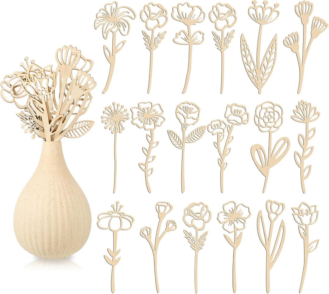 Ptwola 54PCS Wooden Wildflower Decor Set Wood Colorable Flowers Floral Cutouts Signs Laser Cut Stems Crafts Bouquet Boho Wall Decals for Home Birthday Holiday Art DIY Nursery Bedroom Decoration