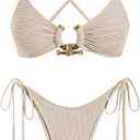 ZAFUL Women's Bikini Sets Ribbed Metal O Ring Criss Cross Two Piece Swimsuit Cheeky High Cut Side Tie Thong Bathing Suit, S