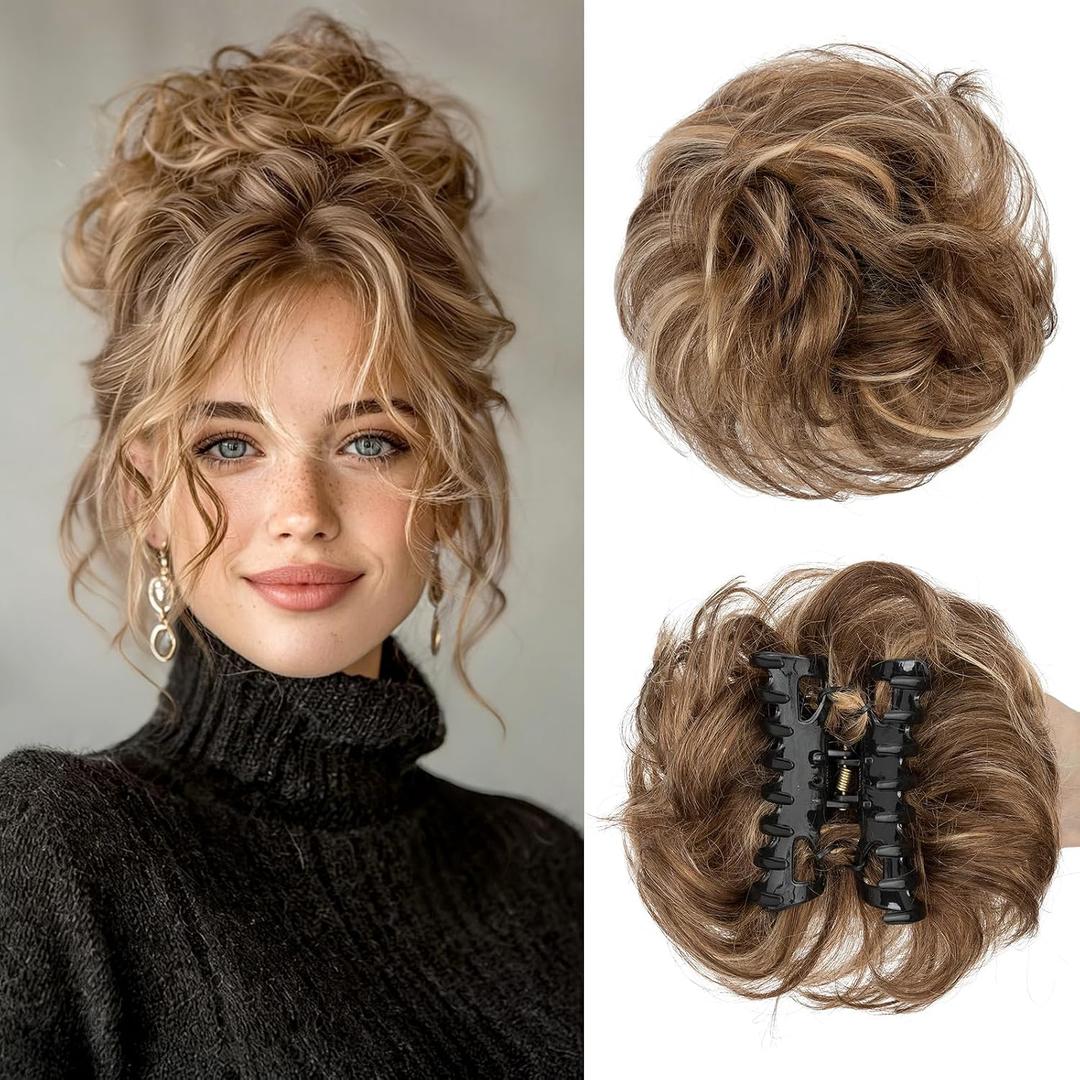 Rich Choices Claw Clip Messy Bun Hair Piece 100% Real Human Hair,Curly Wavy Thick Chignon Hair Extensions,Tousled Updo Hair Buns for Women 42g #4P27 Medium Brown Mix Dark Blonde