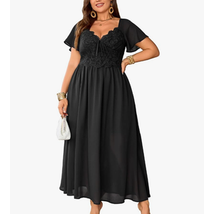 EYWOL Women's Plus Size Lace Maxi Dress Short Sleeve V Neck Flowy Empire Waist Smocked Back Wedding Guest Dress XL