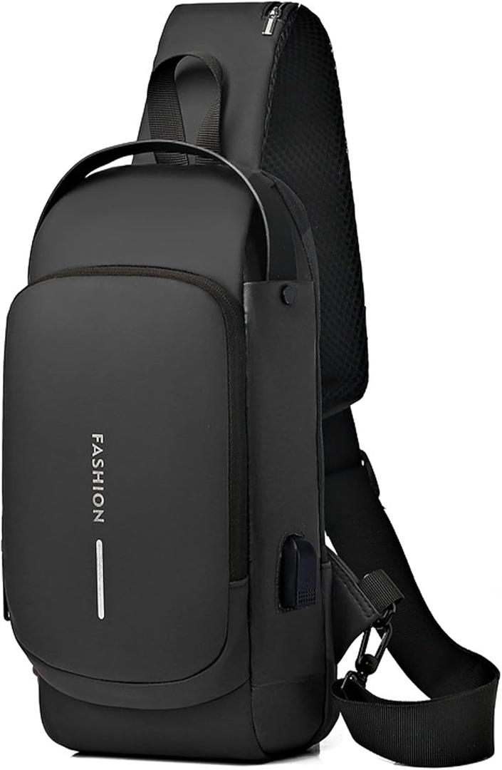 Sling Bag for Men | Anti-theft Crossbody Bag - Crossbody Shoulder Chest Bag | Anti-Theft, USB, Waterproof (Black)