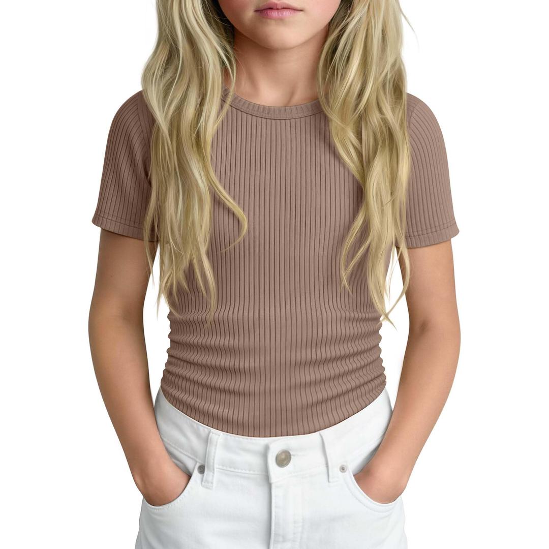 YooAurvox Girls Ribbed Short Sleeve T-Shirt, Mocha, 7-8 Years
