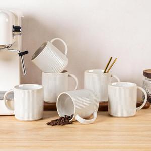 theterra Ceramic Coffee Mugs Set of 6, 14.2oz Handmade Coffee Cups with Handle for Latte, Tea, Milk, Beer, Hot Cocoa, Reactive White