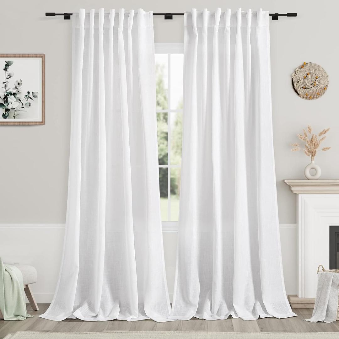 Nanspring Extra Long White Curtain 102 inches Long 2 Panels Set for Living Room Back Tab Modern Farmhouse Decor Cotton Textured Off White Sheer Linen Curtains 102 inch Length for Large Window, 52"W x 102"L