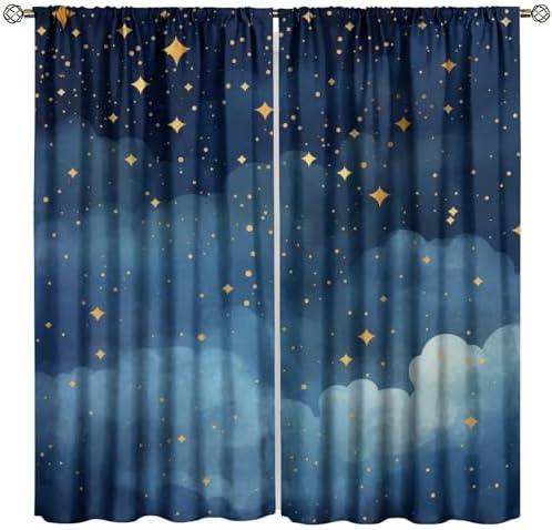 Djaby Night Sky Stars Curtain for Kids, Blue Starry Space Galaxy Pattern Window Treatments for Boys Girls Bedroom Toddlers Room Living Room Decor 42" W X 45" L
