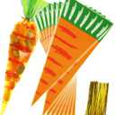 Tatuo 100 Pcs Easter Carrot Bags for Treats Cone Cellophane Candy Plastic Gift Bags with 100 Pieces Gold Twist Ties for Cookies Candy Easter Party Popcorn Goodie Cookie Party Favor Decor