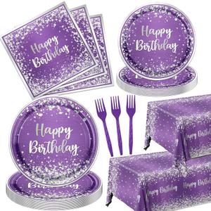 purple and Silver Plates and Napkins Party Supplies,Purple Glitter Sliver Birthday Party Tableware Purple Dessert Plates Napkins Tablecloth Forks for Girl Women Birthday Supplies,Serve 20