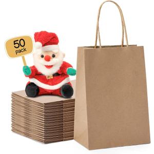 METRONIC Paper Gift Bags 5.25x3.75x8 50Pcs, Christmas Gift Wrap Bags with Handles, Brown Kraft Paper Bag for Small Business, Bulk Party Favors Bag for Birthday, Shopping, Retail, Made in USA