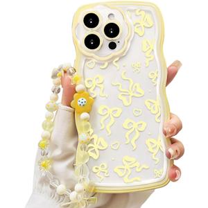 Lovmooful Compatible for iPhone 15 Pro Max Case Clear Cute Bowknot Wave Border Design with Flower Bow Chain for Girls Women Soft TPU Shockproof Protective Girly for iPhone 15 Pro Max-Yellow