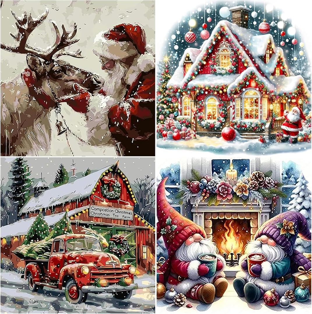 2 x AREOPNMG 4pack Christmas Diamond Painting Kits for Adults Beginners,5D Santa Claus Gnome Diamond Art,DIY House Truck Full Round Drill Diamond Dot Gem Art Kits,Home Wall Decor 12x12 Inch