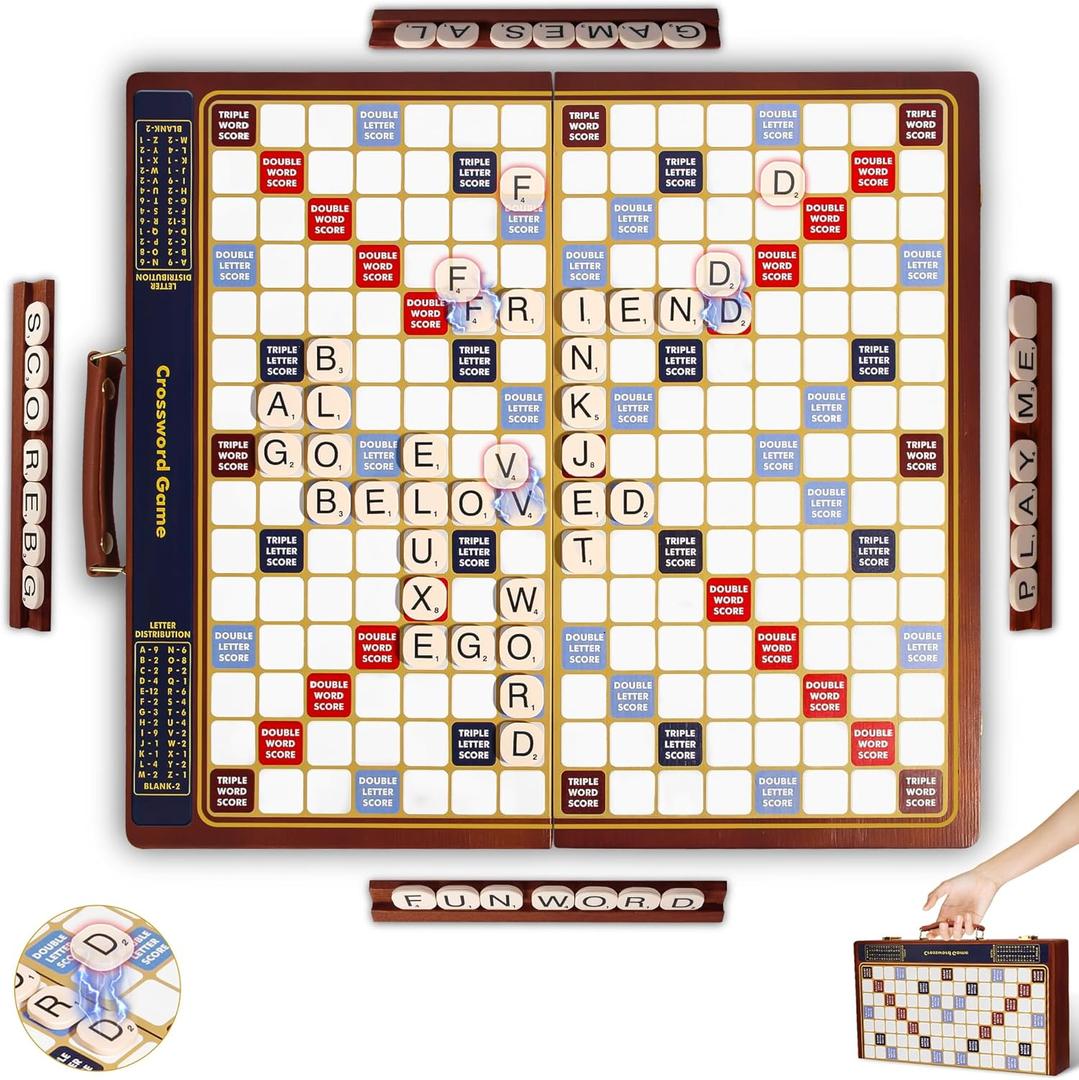 Crossword Game with Magnetic Letter Tiles, Foldable Board into Portable Carry Case, Luxury Edition Word Building Game with Rotating Wooden Board, Educational Family Board Game for 2-4 Players