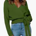 Women's Casual V Neck Wrap Sweater Pullovers Lightweight Ribbed Drop Shoulder Knitted Tops, L