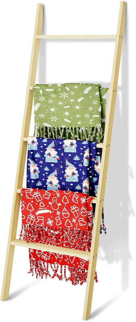 5-Tier Blanket Ladder Wooden, Non-Folding 4.8FT(57.5'') Blanket Towel Holder Rack Decorative Ladder, Easy Assembly, Rustic Farmhouse Ladder Shelf for The Living Room Bedroom Home Decor, Unfinished