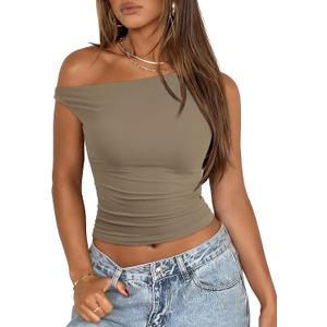 ATHMILE Womens Off The Shoulder Tops Summer Sleeveless Shirts Going Out Crop Tank Top Y2K T Corset Tube Fashion Outfits 2026 (Brown, S)