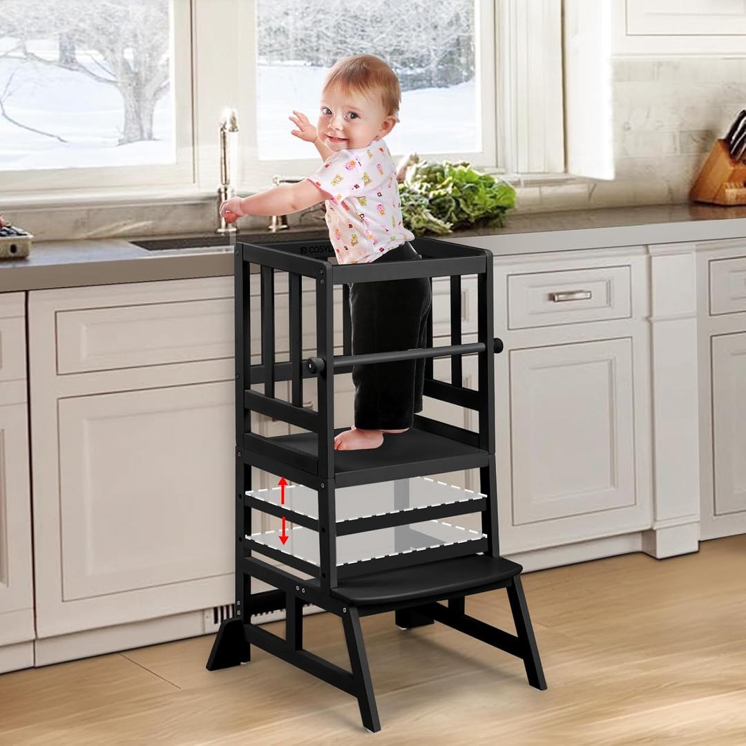 COSYLAND Toddler Standing Tower - Adjustable Height Toddler Kitchen Stool Helper - Kids Kitchen Step Stool for Learning with Removable Safety Railing Black (Large)