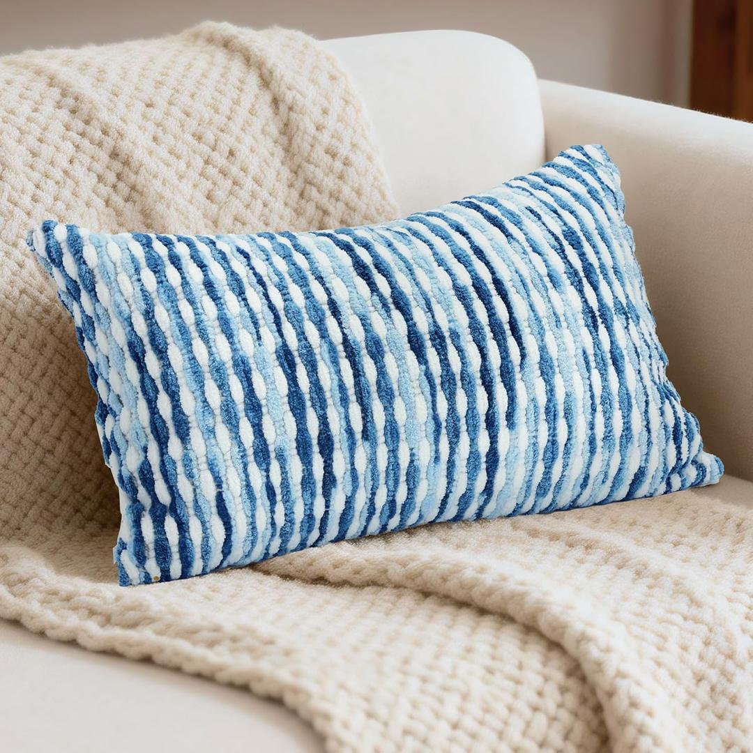 Boho Decorative Throw Pillow Covers 12x20 Inch, Chenille Tufted Pillow Cover Striped Textured Lumbar Farmhouse Accent Pillowcase for Couch Sofa Bedroom Living Room, Blue White Stripe, 1 Pack