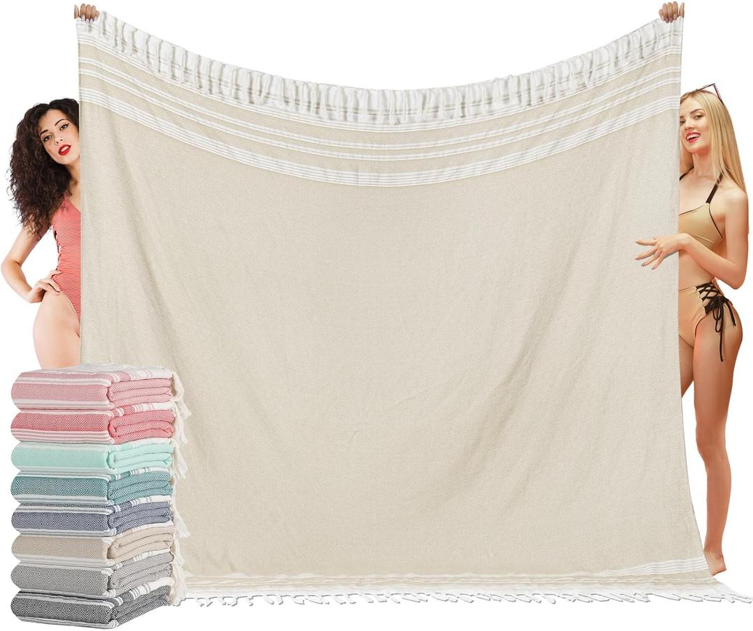 Oversized Turkish Beach Towel Blanket XXL Cotton Sandproof Towels Boho Woven Extra Large Big Sand Free Giant Throw Blankets Huge Quilt XL Picnic Camping Necessities Cloud For Adult Gifts Beige (Zzmtc Beige Cten)