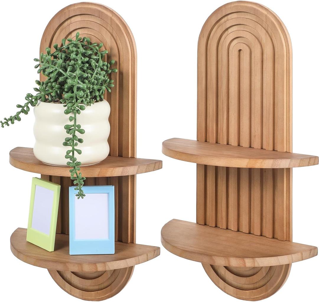2 PCS Boho Wall Shelf, Double Shelves, Wooden Arched Floating Shelve Modern Decor Bohemian Rainbow Hanging Holder,Mid Century for Living Room,Bedroom,Nursey Room,16.9 x 9 Inches(Brown)