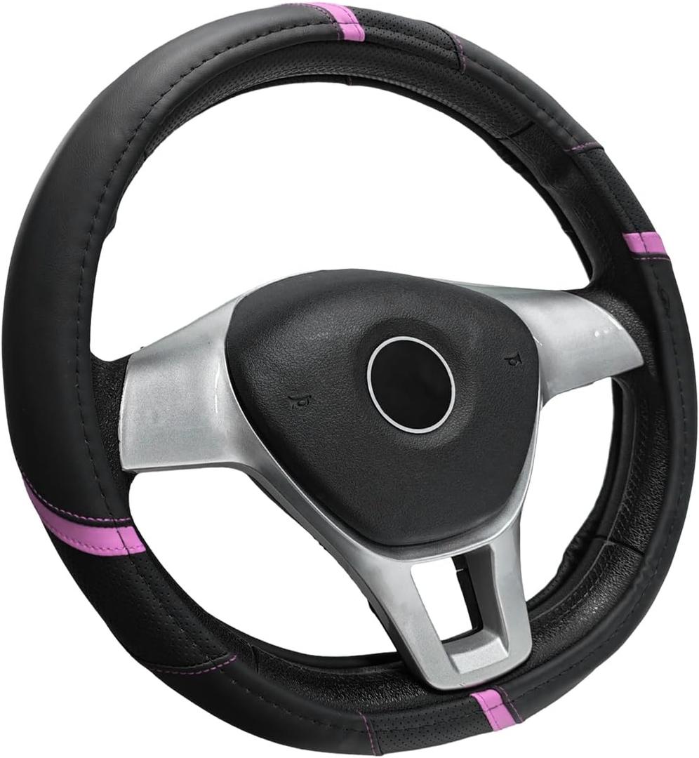 Car Steering Wheel Cover, 15 Inch Microfiber Leather Steering Wheel Protector with Anti-Slip Grip, Breathable Sporty Wheel Wrap Interior Decoration for Sedan Truck SUV (Pink)