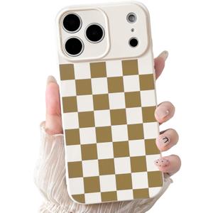 NITITOP Compatible for iPhone 17 Pro Max Case Cute Checkered - Brown | Aesthetic Checkerboard Design, for Girls Women Men, Girly, Soft TPU, Full Camera Lens, Protective, Shockproof Phone Cover