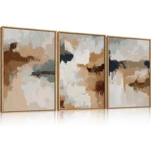 LHIUEM Large Abstract Brown Grey Framed Canvas Wall Art, Neutral Brush Stroke Pastel Wall Decor,Modern Color Block Wall Painting, Minimalist Artwork for Living Room, Bedroom, Dining Room, Office -16"x24"x3