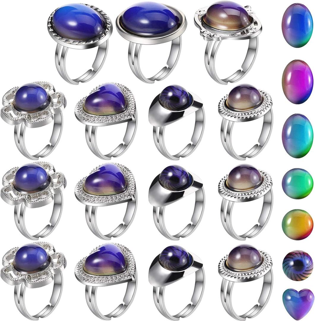Hicarer 15 Pieces Mood Rings for Kids Adjustable Mixed Color Changing Mood Rings Gifts for Girls Boys Costume Props Birthday Party Favors and Goodie Bag Fillers