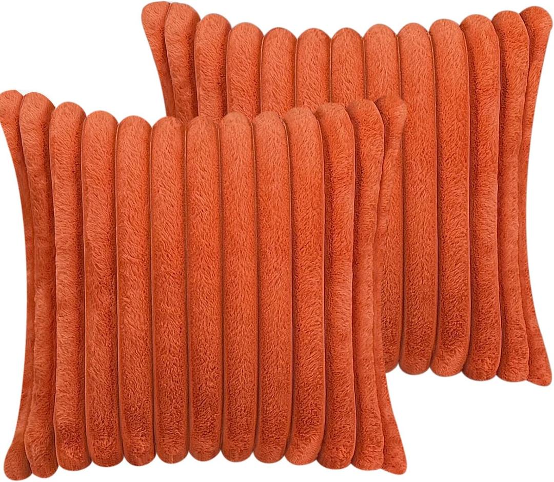 18x18 Throw Pillow Covers Set of 2, Decorative Faux Fur Covers for Bed, Couch Soft Fluffy Pillow Cover with Velvet Back for Living Room, Neutral Home Dcor Accent for Sofa - Burnt Orange