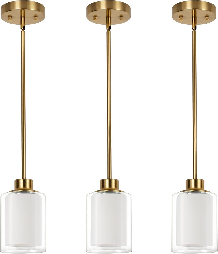 1-Light Mini Pendant Light Fixtures, 3-Pack Modern Hanging Ceiling Lighting, Adjustable Height, Gold Pendant Lamp with Dual Glass for Kitchen Island Bedroom, 3 Count