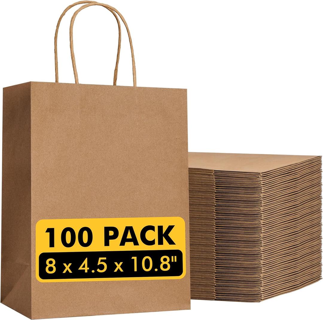 Brown Paper Bags with Handles Bulk 100Pcs 8x4.5x10.8 Inch Gift Bags Bulk, Brown Kraft Paper Bags for Retail, Party, Shopping, Favor