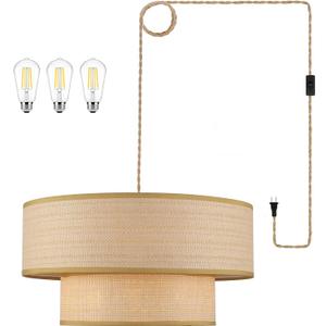 Plug in Pendant Light Rattan Hanging Lights with Plug in Cord 15FT Hemp Rope Cord, 18in Boho Plug in Chandelier for Dining Room, Living Room, Kitchen, Bedroom（Bulb Included）